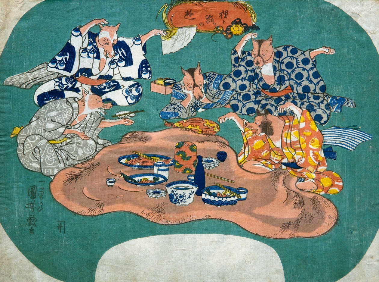 Racoon Dog and Fox at Play (Tanuki to kitsune no asobi), ca. 1842 af Utagawa Kuniyoshi