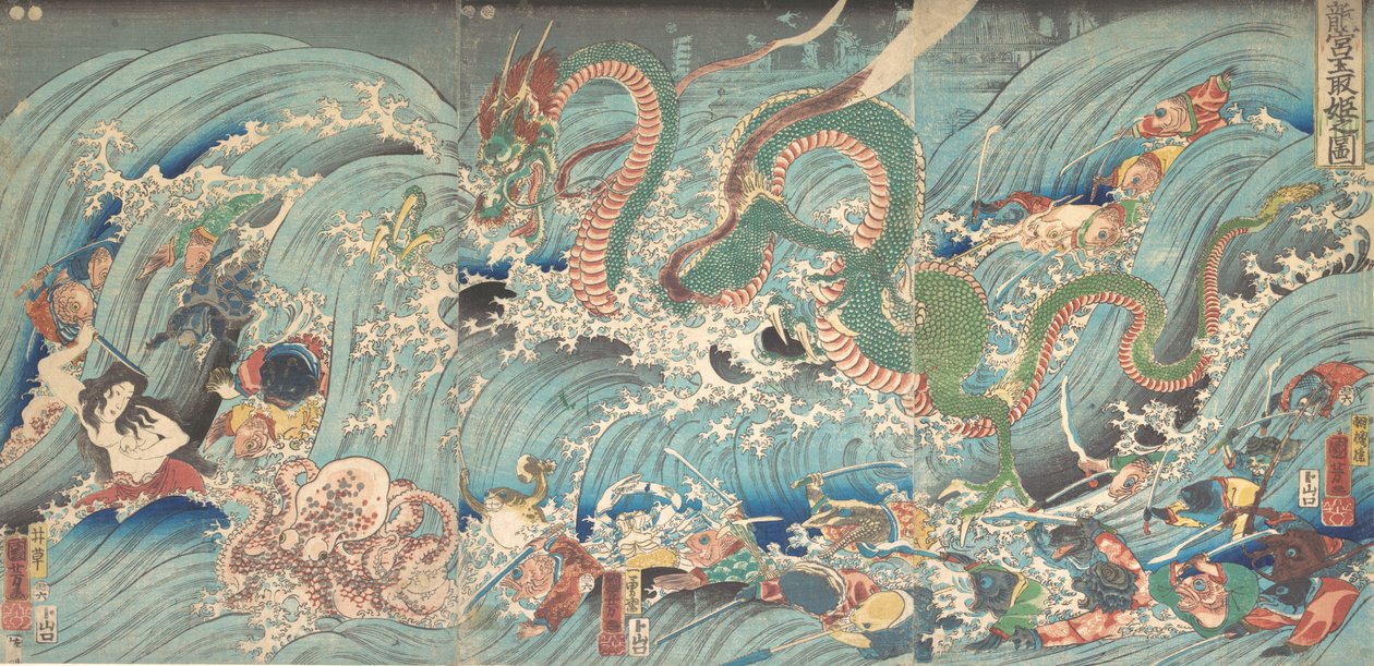 Inddrivelse af den stjålne juvel fra Dragekongens palads, 1853. af Utagawa Kuniyoshi