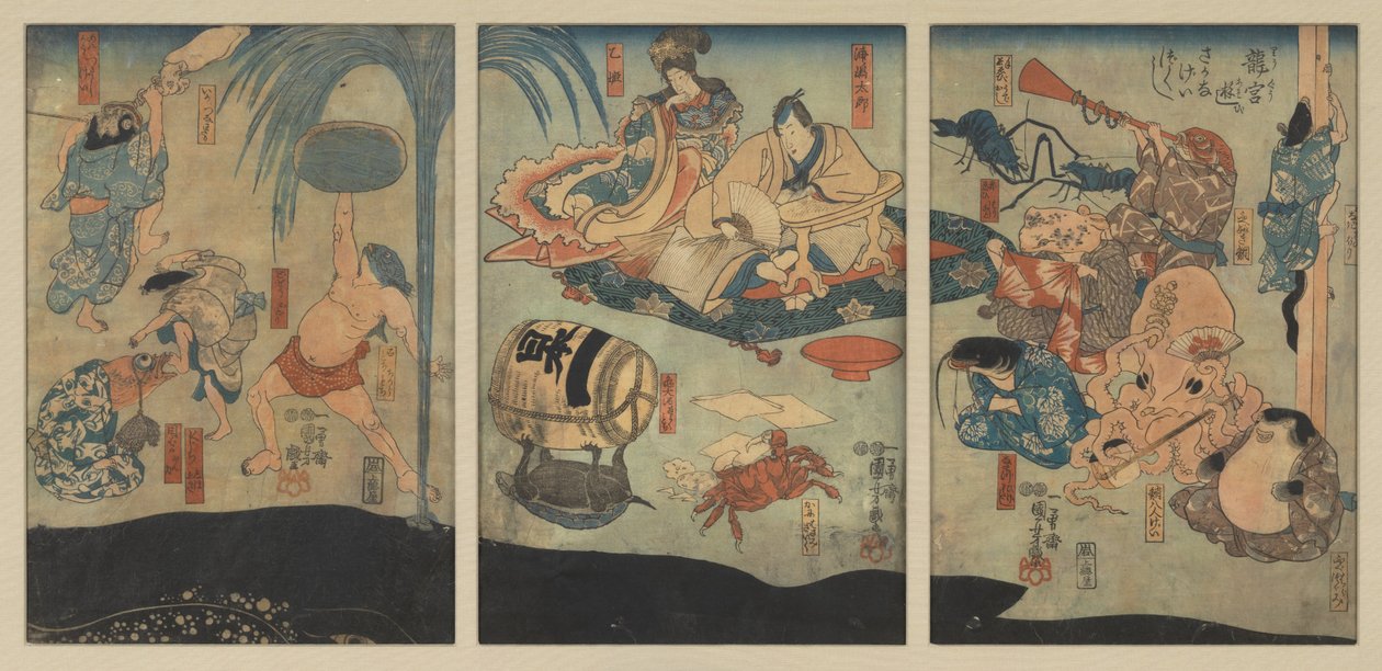 Havdyr underholder Urashima Tarō og Oto Hime i Dragepaladset af Utagawa Kuniyoshi