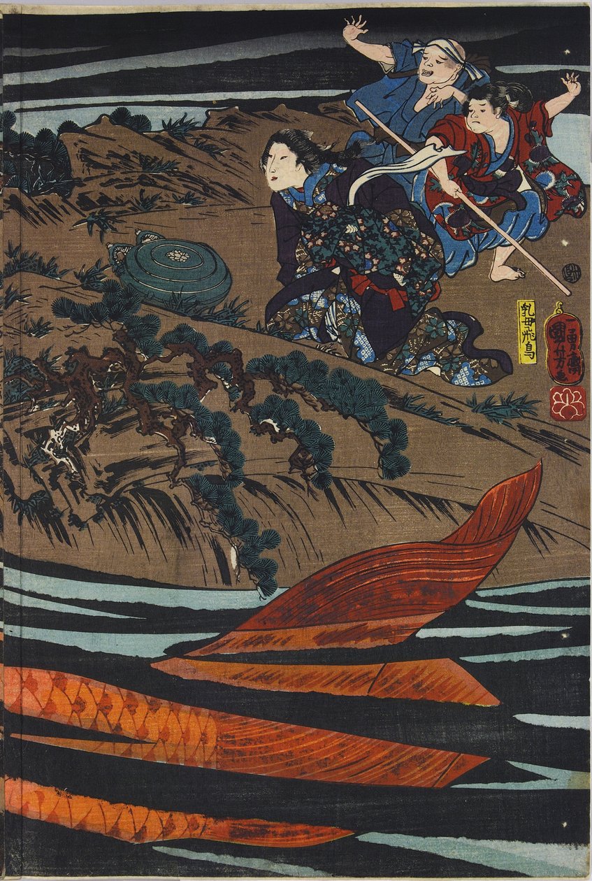 Ark fra en triptykon med farvet træblok, der forestiller Oniwaka-maru (den fremtidige Musashibo Benkei) ved at angribe den gigantiske karpe, som fortærede hans mor: Japan, Edo, af Utagawa Kuniyoshi, ca. 1845 af Utagawa Kuniyoshi