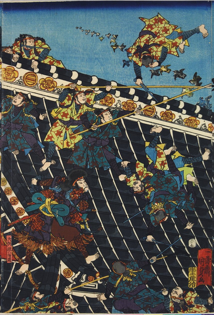 Ark fra en triptykon med farvet træblok, med titlen Hōryukaku shō no zu, der viser en scene fra Hakkenden i Takizawa Bakin, der viser et slagsmål på tempeltaget mellem Inuzuka Shino (til højre) og politiet under Inukai Kempachi, tilpasset fra en triptyk af Utagawa Kuniyoshi