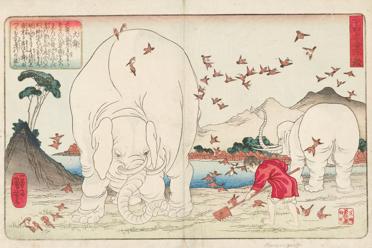Taishun hakker en mark ved hjælp af elefanter og en flok spurve, signeret Ichiyusai Kuniyoshi ga, ca. 1843 (træblok i farver) af Utagawa Kuniyoshi