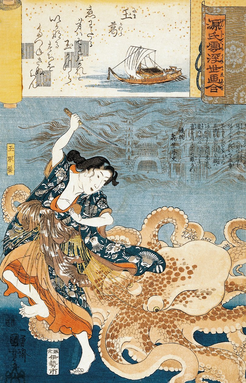 Tamatori (kvindelig ama dykker), bliver angrebet af blæksprutte, mens han griber hellige juveler af Utagawa Kuniyoshi