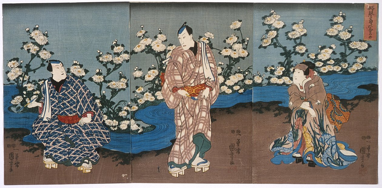 Skuespilleren Onoe Kikugorō III betragter krysantemum og en bæk af Utagawa Kuniyoshi