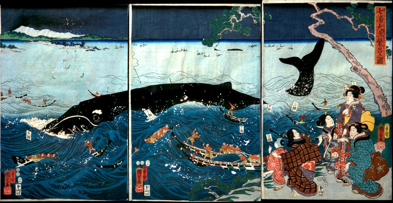 De syv kysters opblomstring med store fisk (Nana ura tairyō hanjō no zu) af Utagawa Kuniyoshi