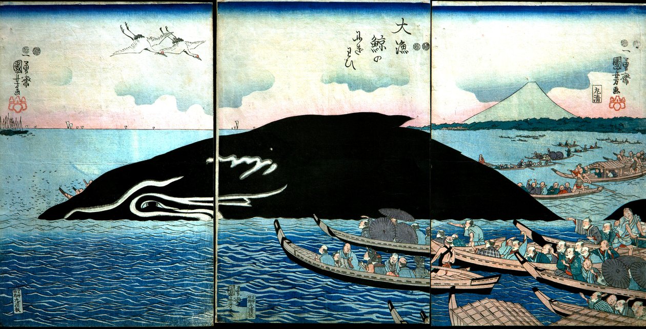Mylder af mennesker omkring en fanget hval af Utagawa Kuniyoshi