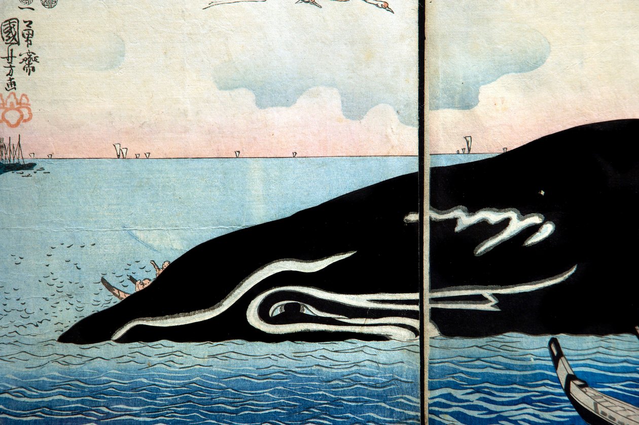 Mylder af mennesker omkring en fanget hval af Utagawa Kuniyoshi