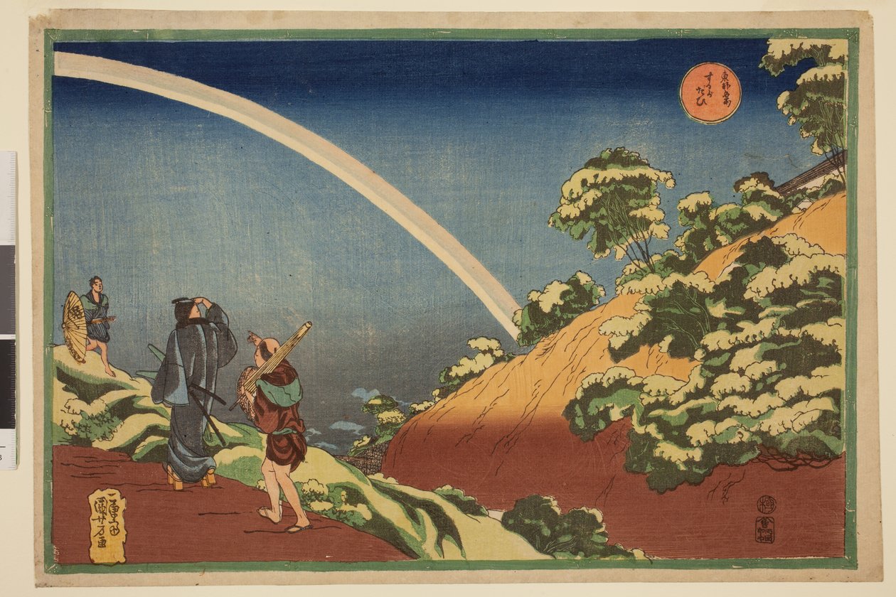 Rejsende betragter en regnbue ved Surugadai, fra serien Famous Views of the Eastern Capital af Utagawa Kuniyoshi