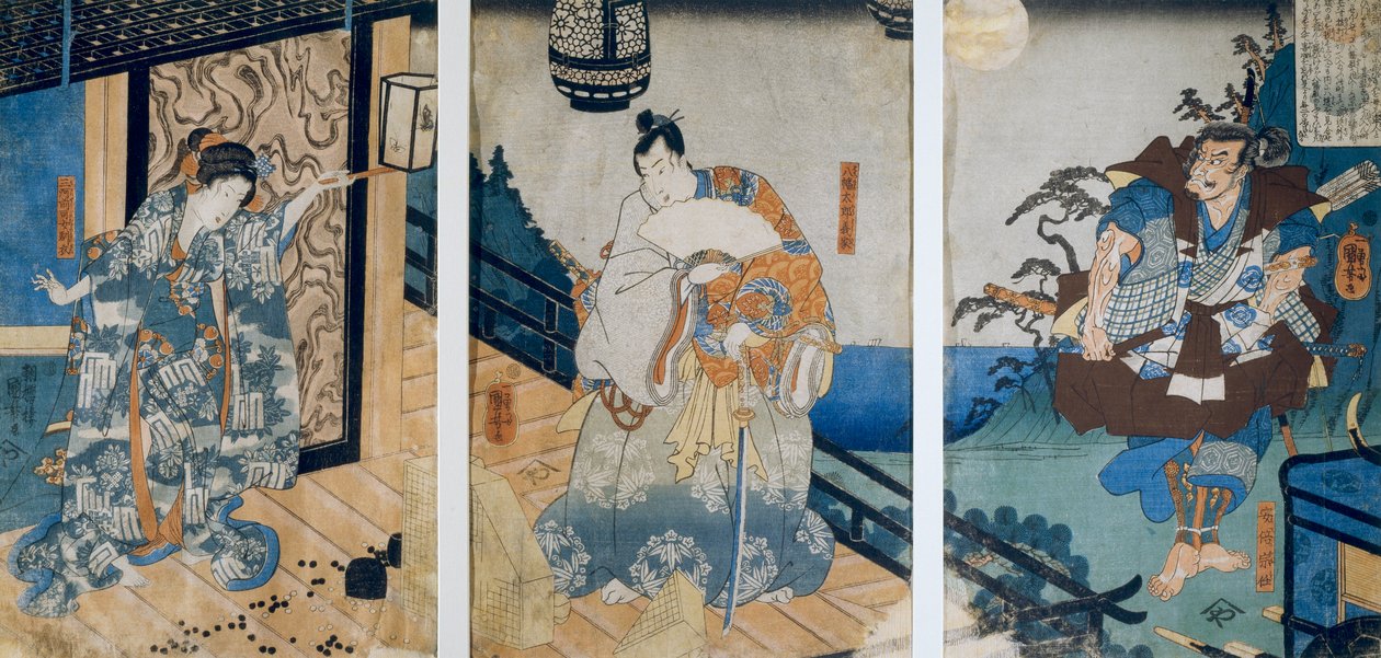 Triptykon med Coxinga/Watonais eventyr af Hachiman Taro Yoshiie, af Utagawa Kuniyoshi af Utagawa Kuniyoshi