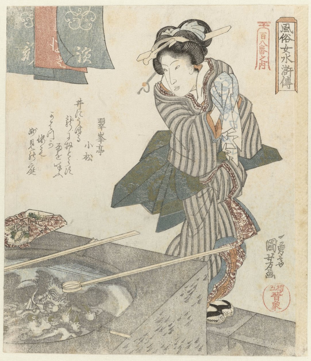 Kvinde ved godt Elegant Women as the Heroes of the Suikoden - fra en serie af One Hundred and Eight (serietitel) Fûzoku onna Suikoden - Hyakuhachiban no uchi (serietitel på objekt) af Utagawa Kuniyoshi