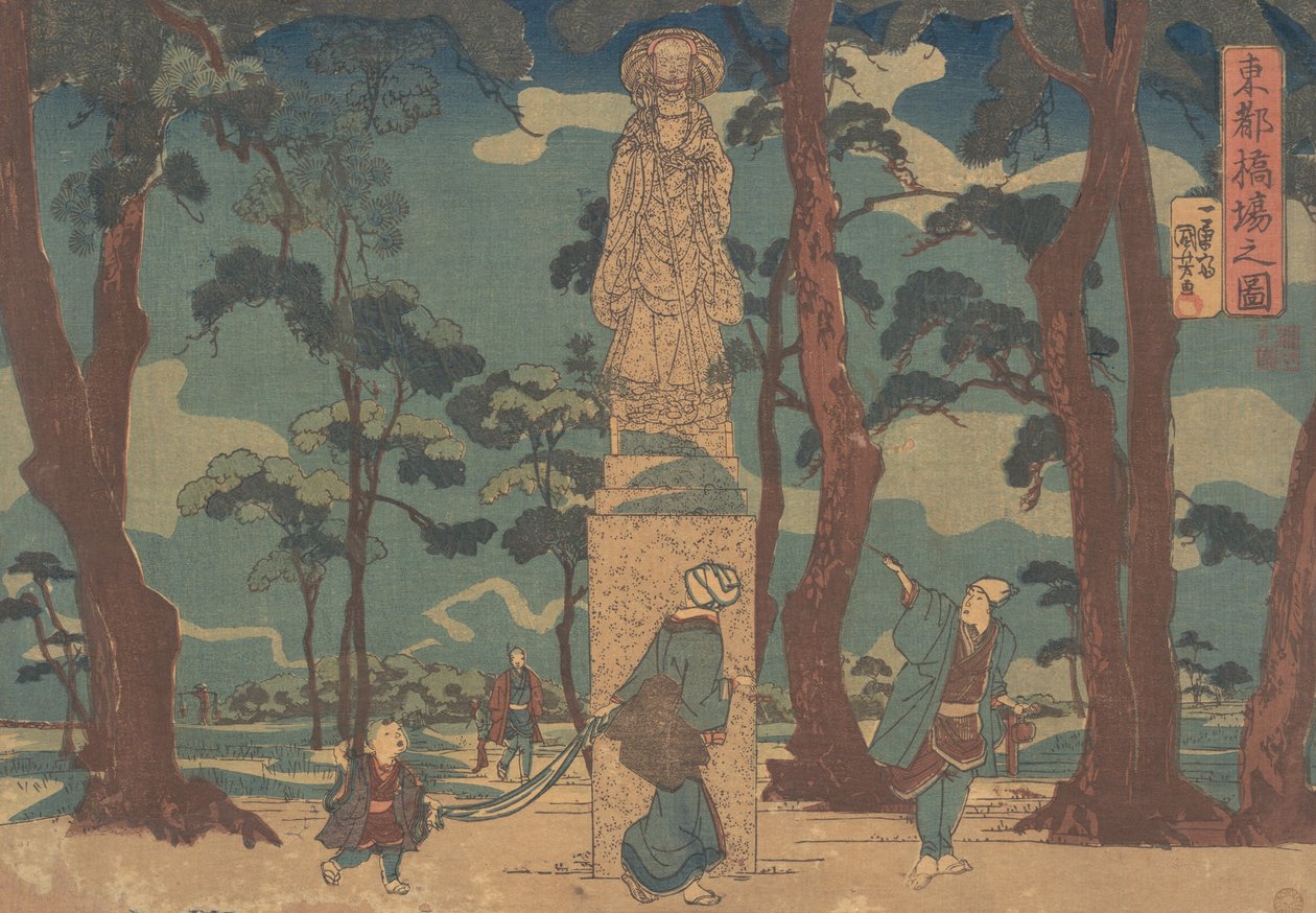 Wayfarers ser på statuen af Jizo Bosatsu i en fyrrelund ved Hashiba, ca. 1840., af Utagawa Kuniyoshi