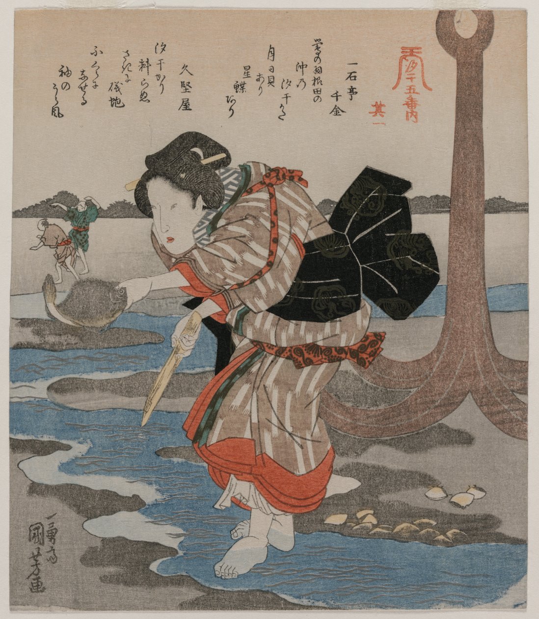 Kvinde ved siden af et anker; fra serien Fem billeder af lavvande af Utagawa Kuniyoshi