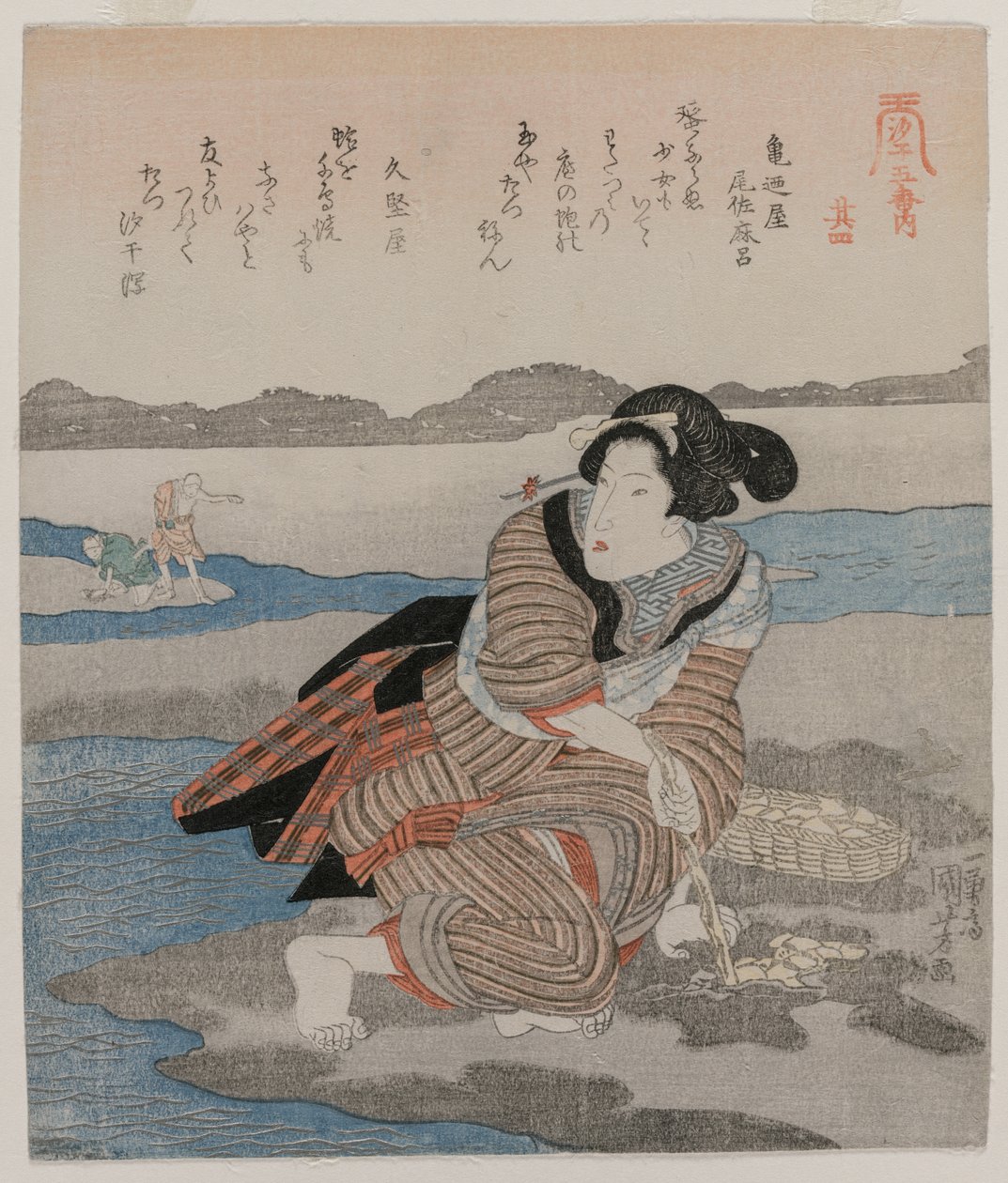 Kvinde graver muslinger; fra serien Fem billeder af lavvande af Utagawa Kuniyoshi