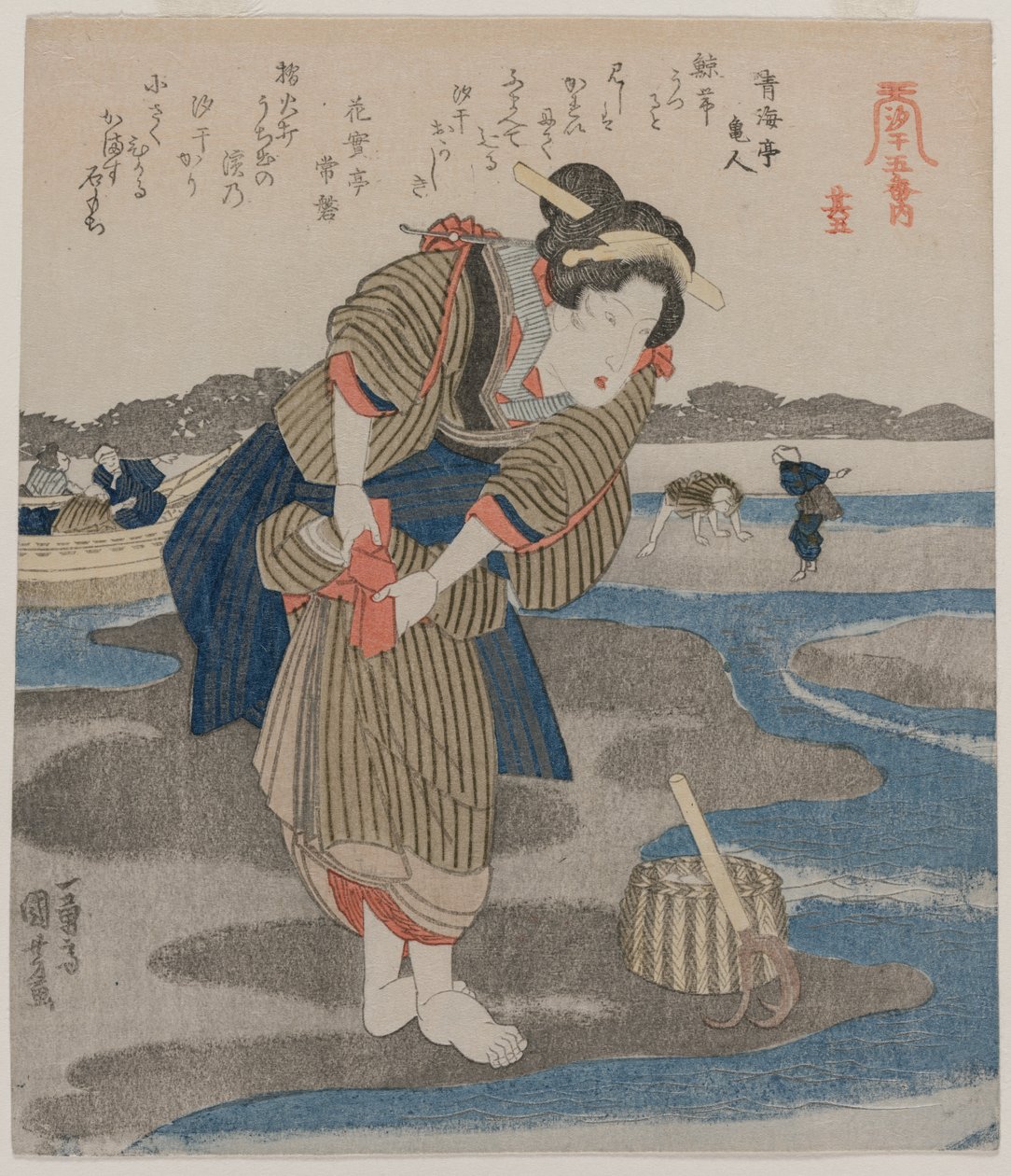 Kvinde, der fastgør sine skørter; fra serien Fem billeder af lavvande af Utagawa Kuniyoshi
