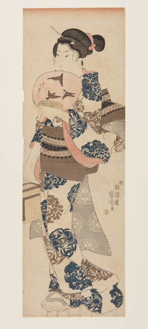 Kvinde med vifte og insektbur (træbloktryk i farver) af Utagawa Kuniyoshi