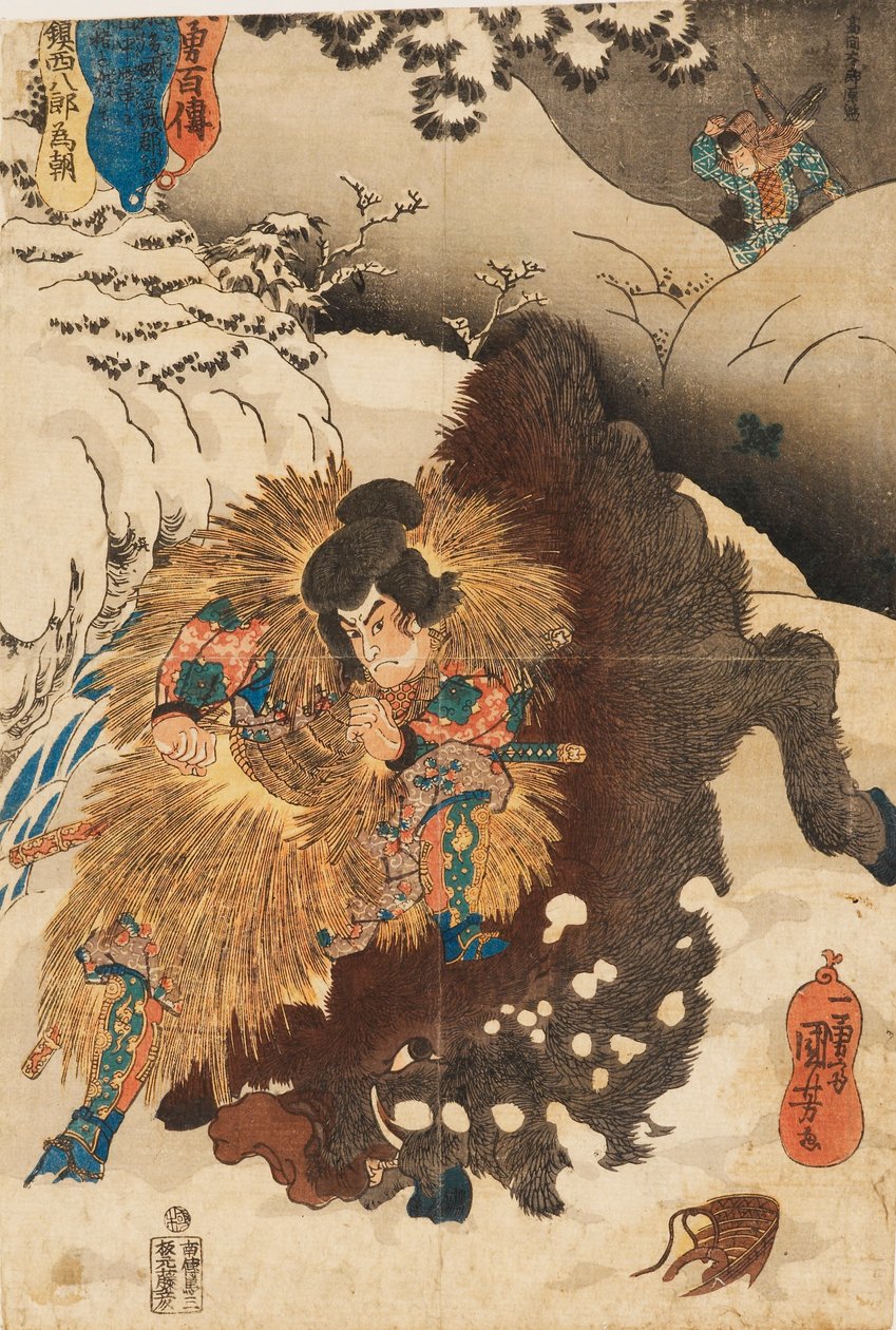 Træbloktryk - Chinzei Hachiro Tametomo vælter et vildsvin i de sneklædte bjerge i Mashik af Utagawa Kuniyoshi