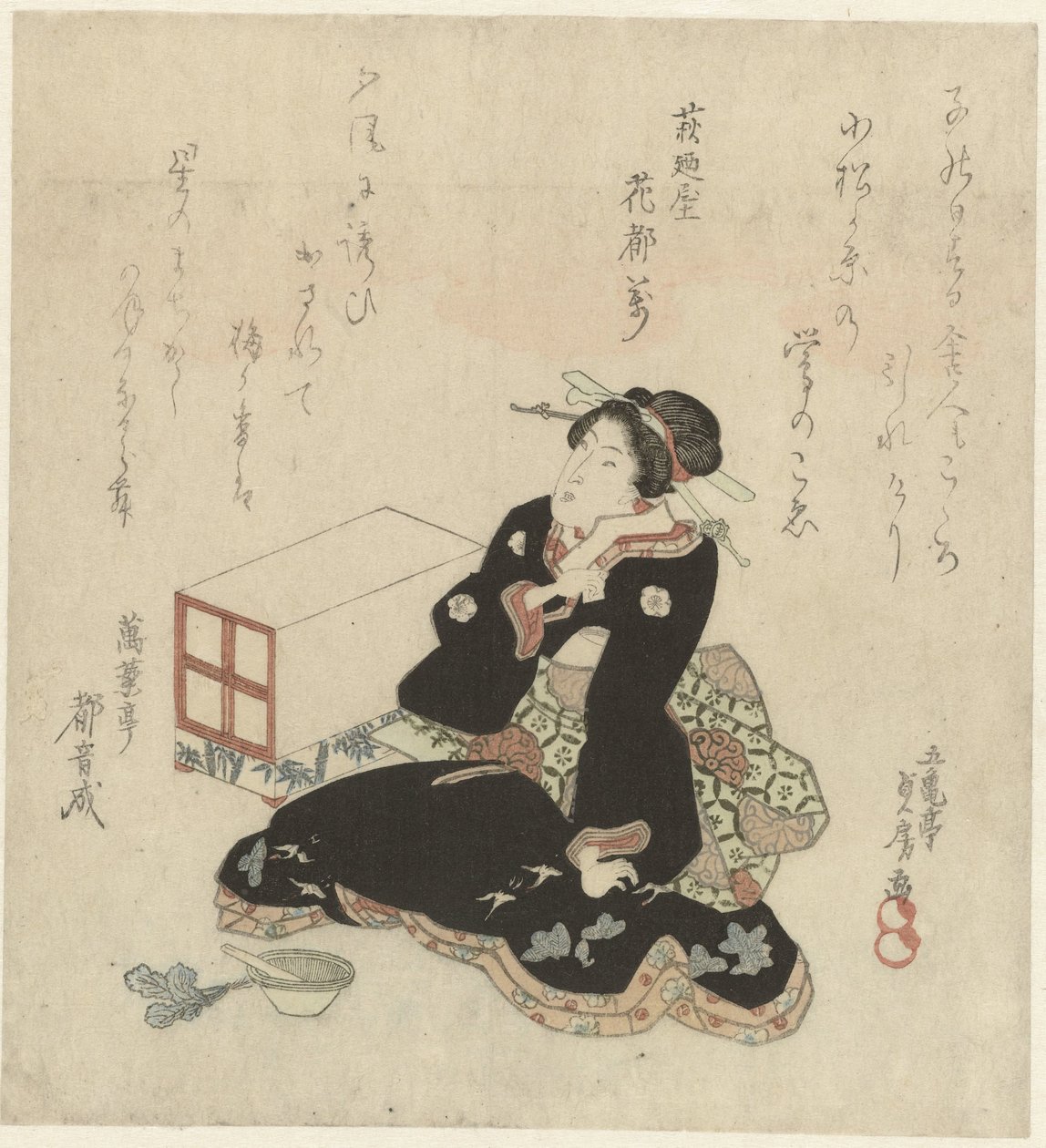 Kvinde forbereder greens i en morter af Utagawa Sadafusa