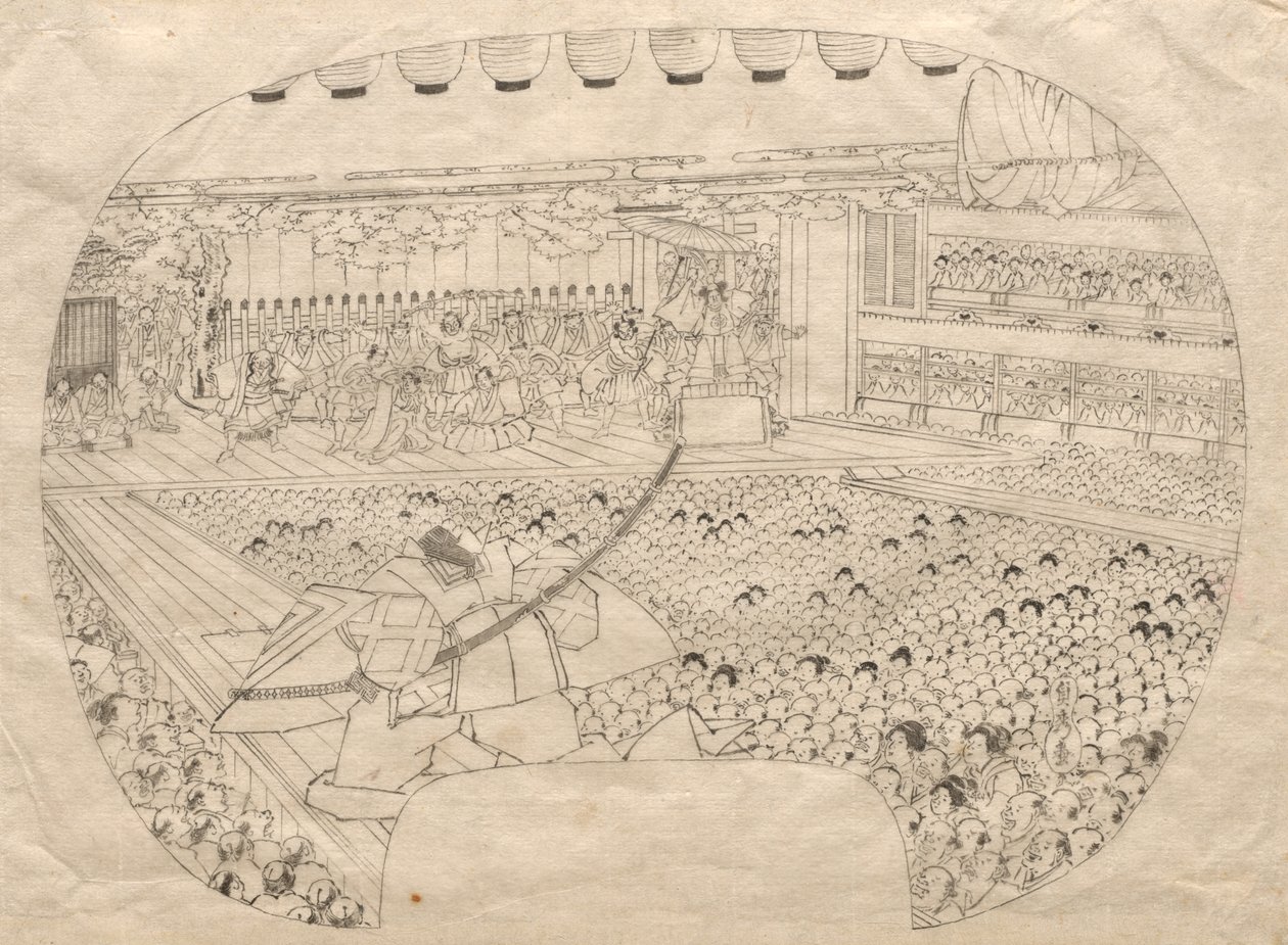 Design til vifteformet print af Kabuki Theatre af Utagawa Sadahide