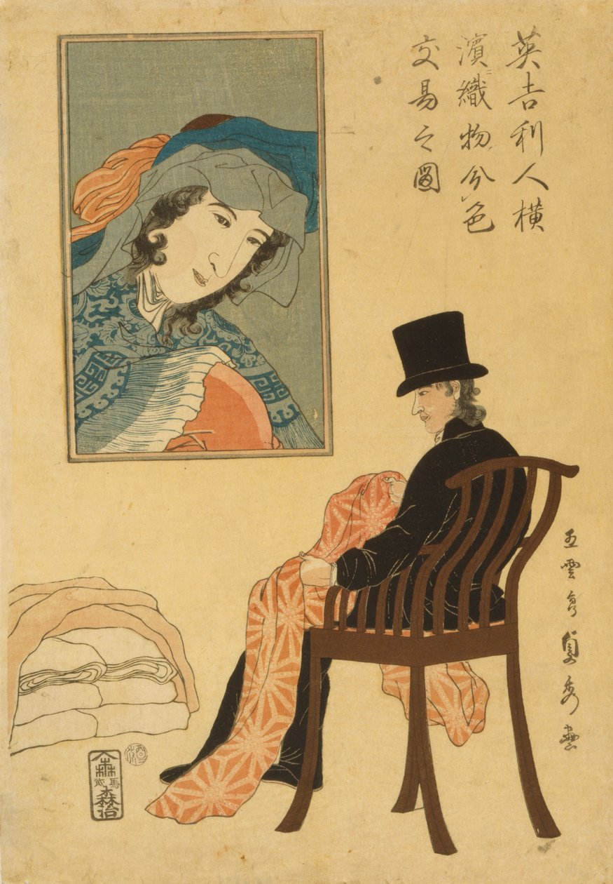 Engelsk købmand, der sorterer stoffer til handel i Yokohama, 1861 af Utagawa Sadahide