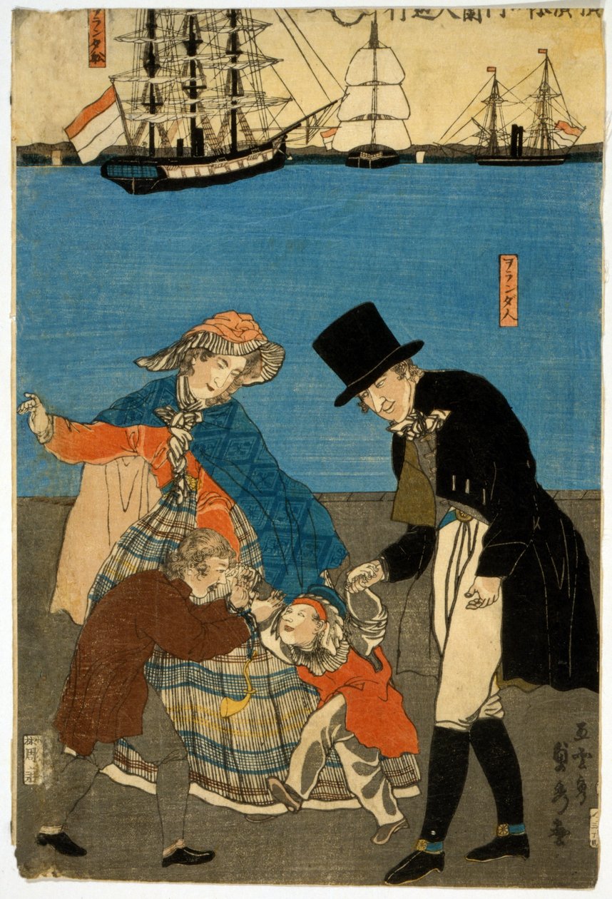 Europæere går en tur i Yokohama, pub. 1871 (håndfarvet træblok) af Utagawa Sadahide