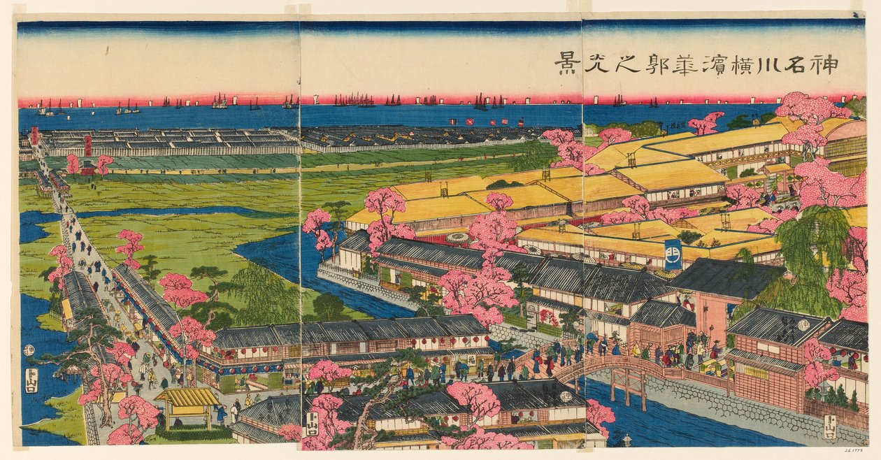 Panoramamedlem Yokohama, Kanagawa (Kanagawa Yokohama blomsterramme) af Utagawa Sadahide