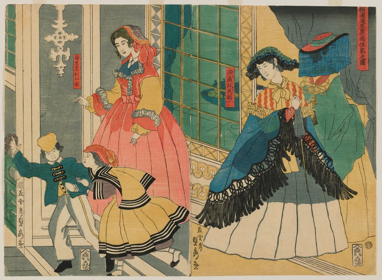 Billede af boligen for en udenlandsk købmand fra udlandet: Portugal og Sydamerika, Edo-perioden, 1861 (træbloktryk i farver) af Utagawa Sadahide