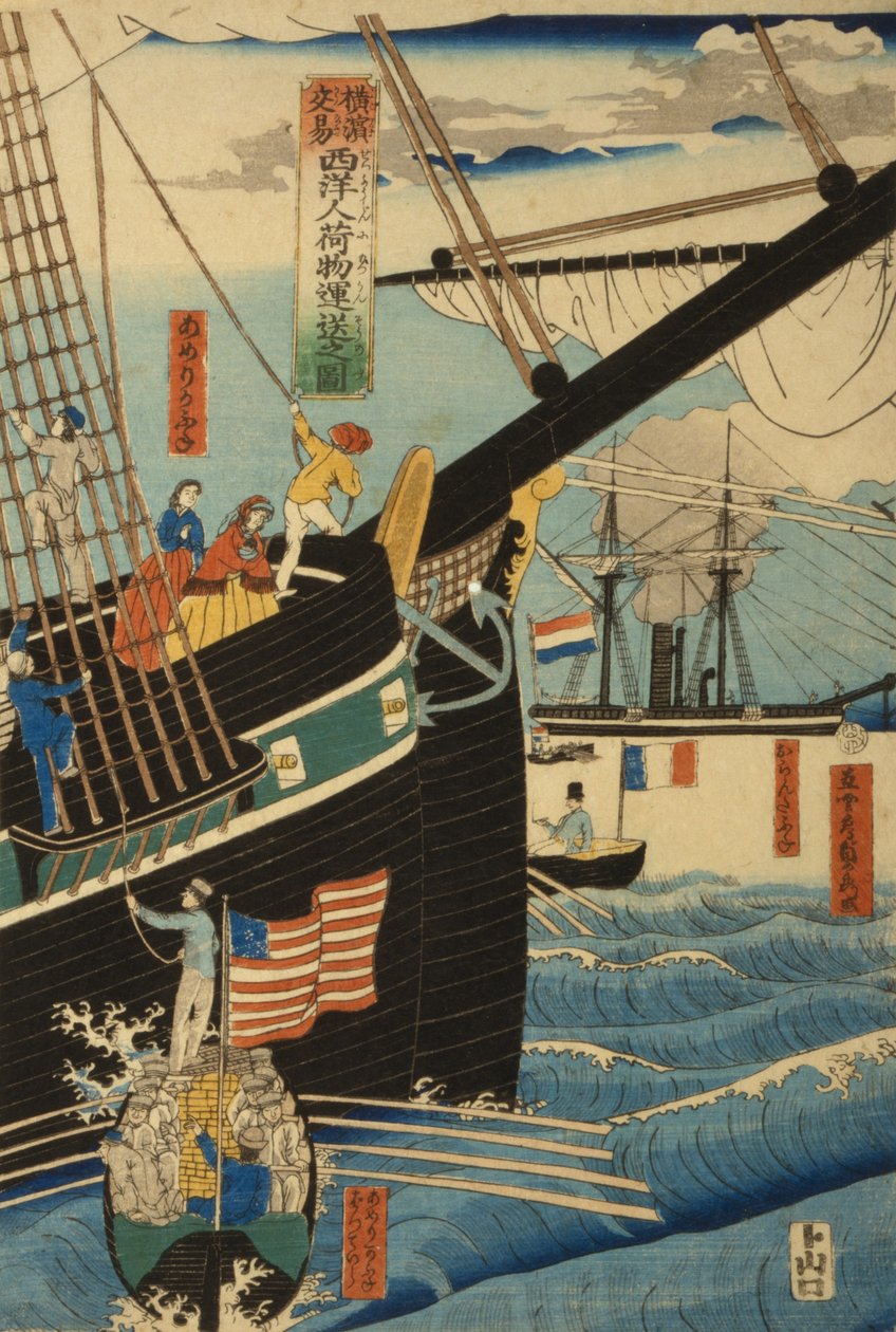 Vestlige handlende i Yokohama, der transporterer gods og passagerer, 1861 af Utagawa Sadahide