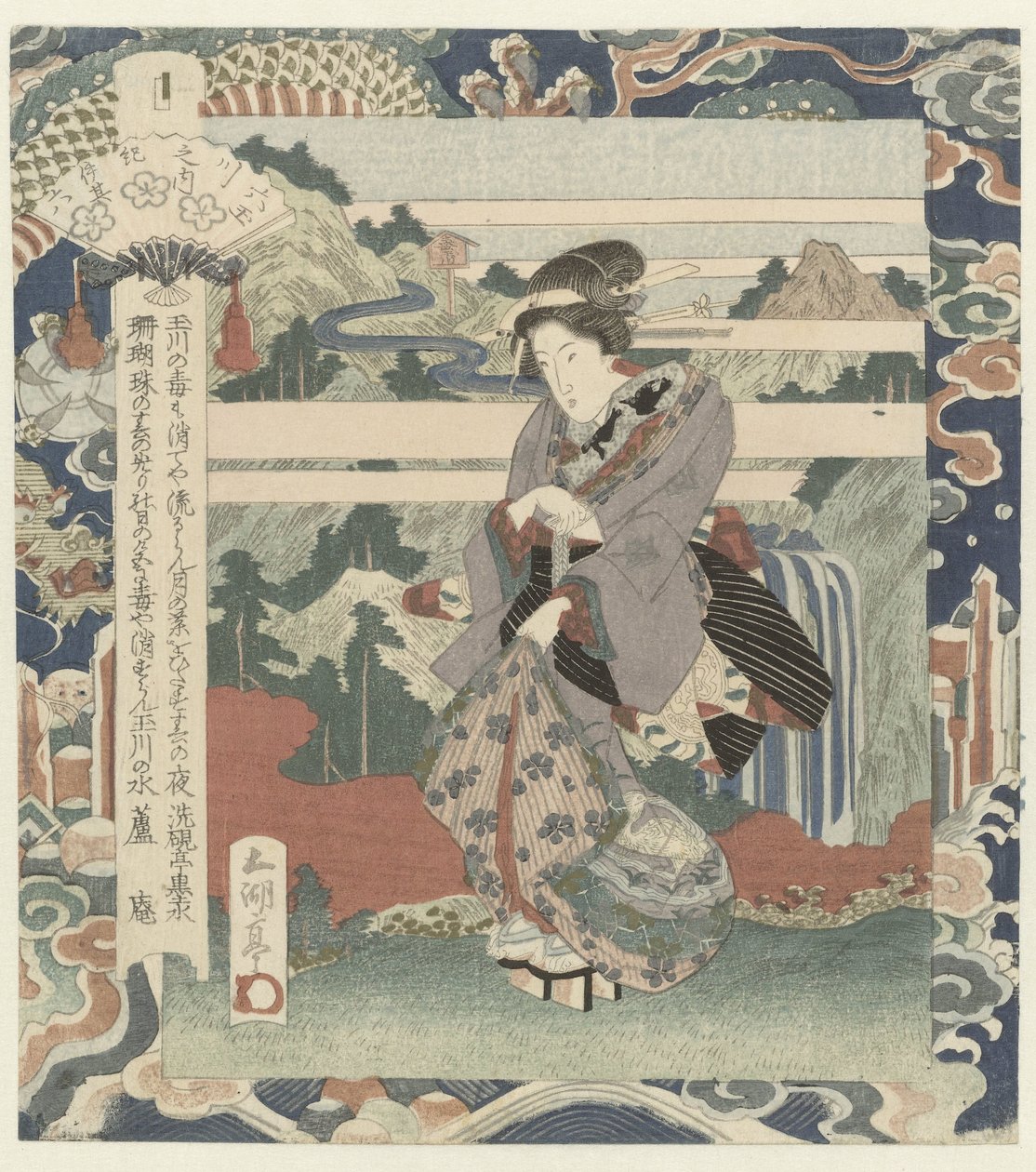Kvinde på klippe Kôya-floden i Kii, nummer seks Kii - sono roku (titel på objekt) The Six Jewel Rivers (serietitel) Mutamagawa no uchi (serietitel på objekt) af Utagawa Sadakage