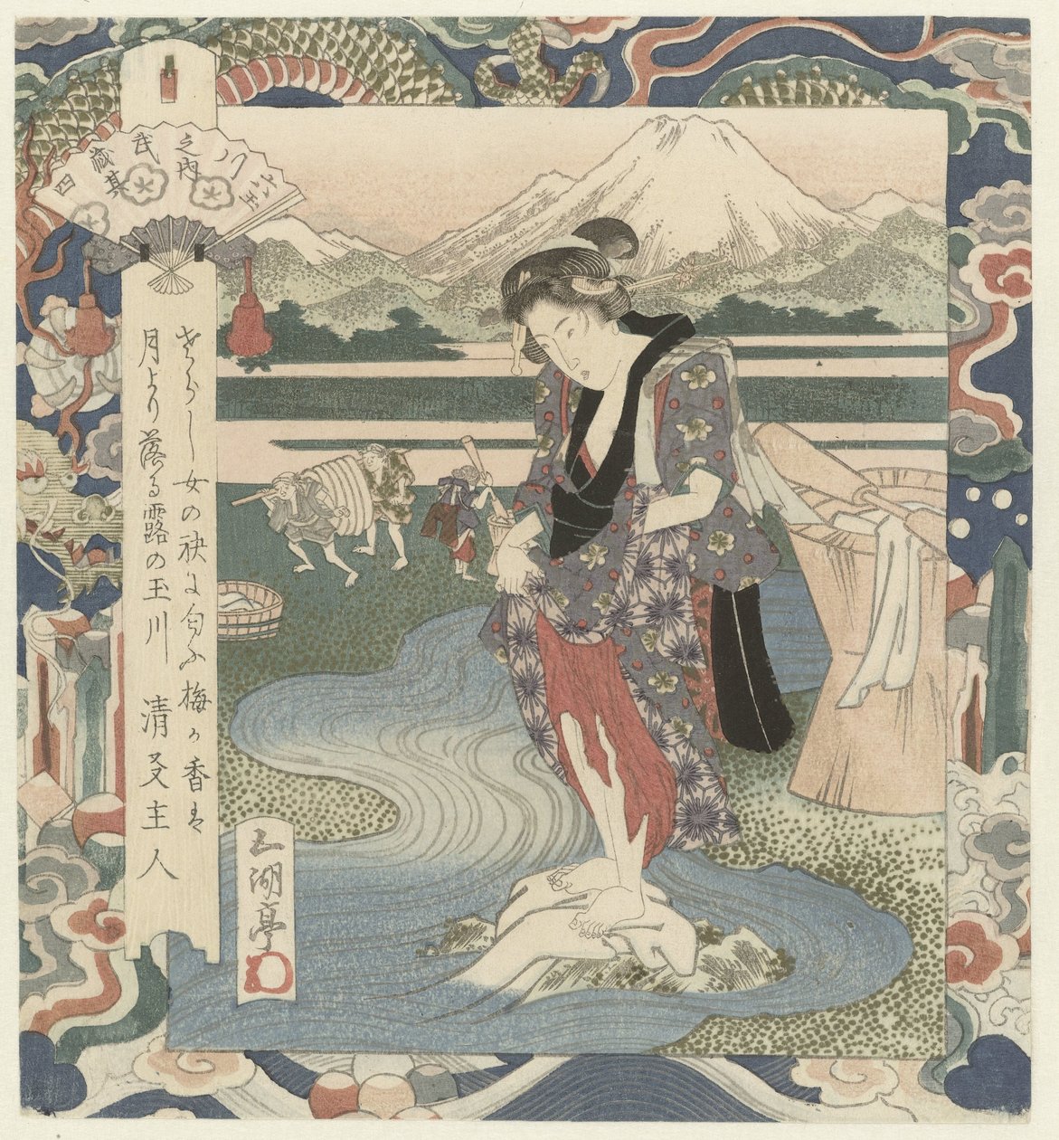 Kvinde vasker tøj i floden Chôbû-floden i Musashi, nummer fire Musashi - sono yon (titel på objekt) The Six Jewel Rivers (serietitel) Mutamagawa no uchi (serietitel på objekt) af Utagawa Sadakage