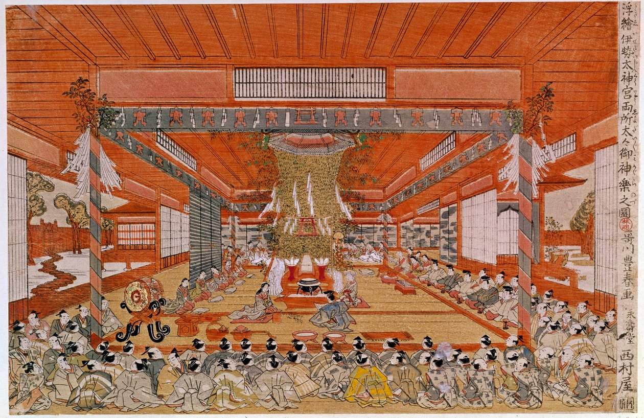 En shinto-ceremoni, der skildrer en ceremoni med shinto-tilbedelse, den ældste religion i Japan. Japansk tryk af Utagawa Toyoharu (1735-1814). Paris, Guimet Museum, Asian Arts Museum. af Utagawa Toyoharu