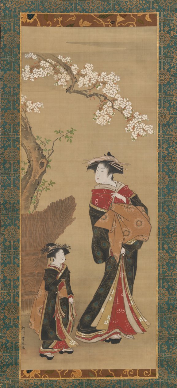 Courtesane og hendes ledsager under et kirsebærtræ, begyndelsen af det 19. århundrede. af Utagawa Toyoharu
