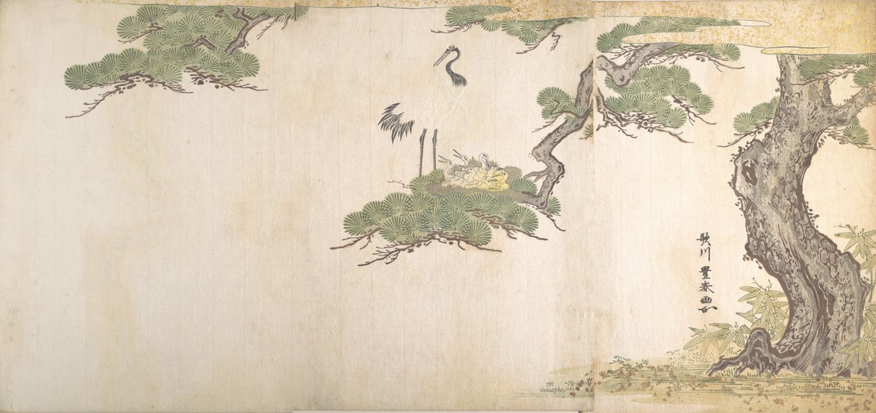Trane og deres unge i deres rede i grenene af et fyrretræ, ca. 1790. af Utagawa Toyoharu