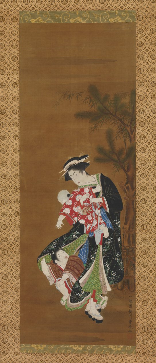 Mor og børn ved det nye år (blæk og farve på silke) af Utagawa Toyoharu