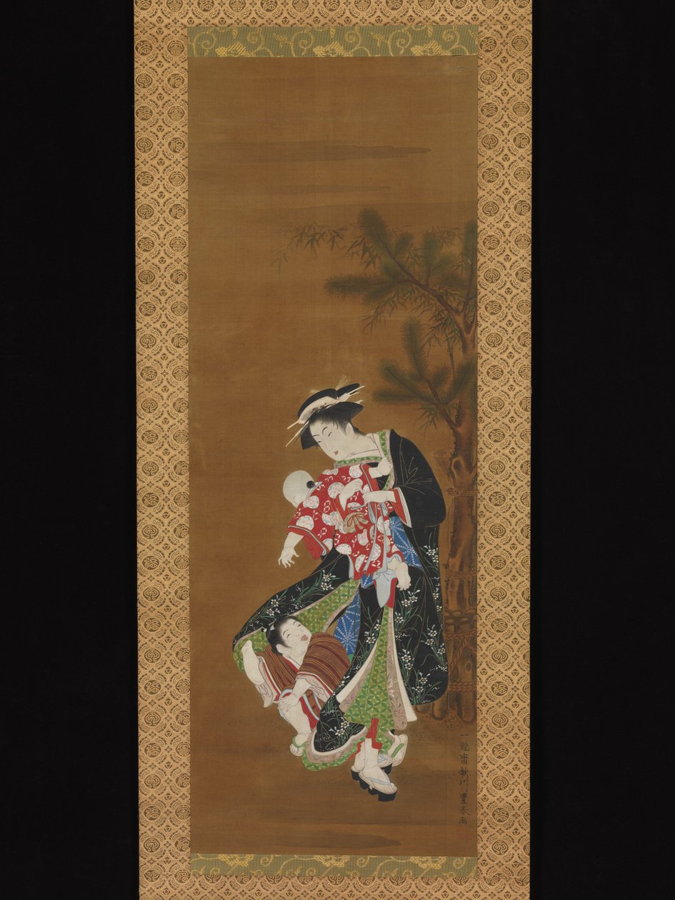 Mutter und Kinder zu Neujahr af Utagawa Toyoharu