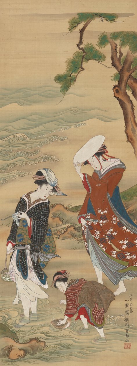 To kvinder og en pige ved kysten af Utagawa Toyoharu