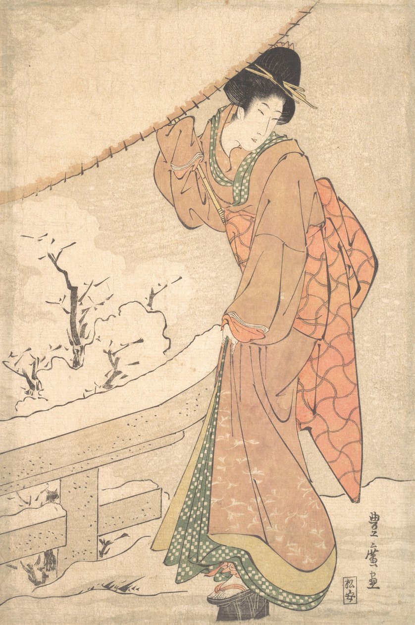 En ung kvinde i en snestorm med en tungt snebelastet paraply, ca. 1802.. af Utagawa Toyohiro