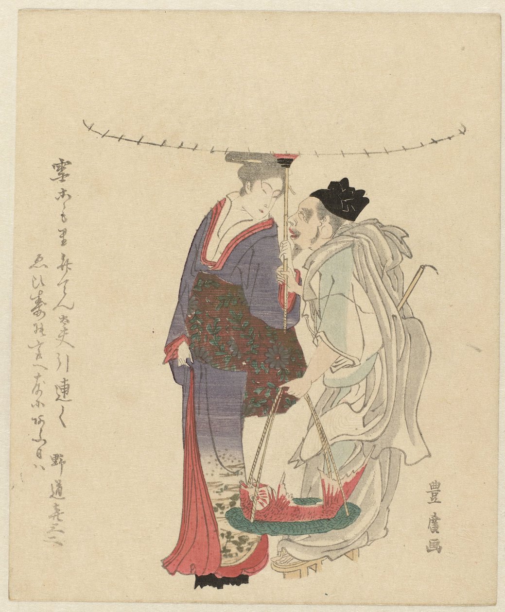 Lykkeguden Ebisu med en kvinde af Utagawa Toyohiro