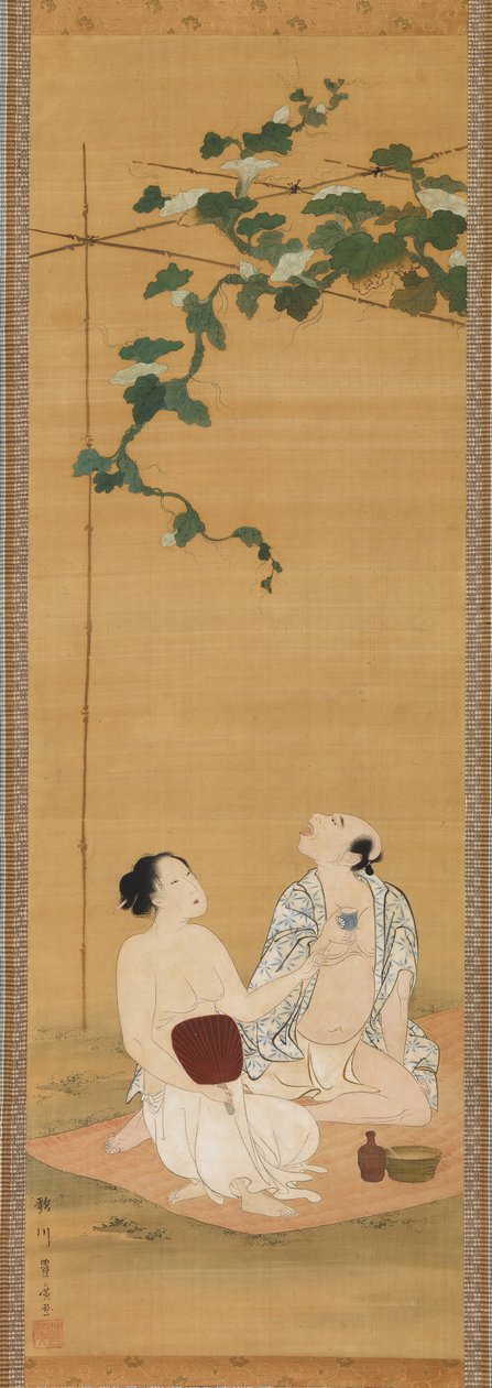 Nyder aftenen køligt under en græskar espalier, begyndelsen af det 19. århundrede. af Utagawa Toyohiro