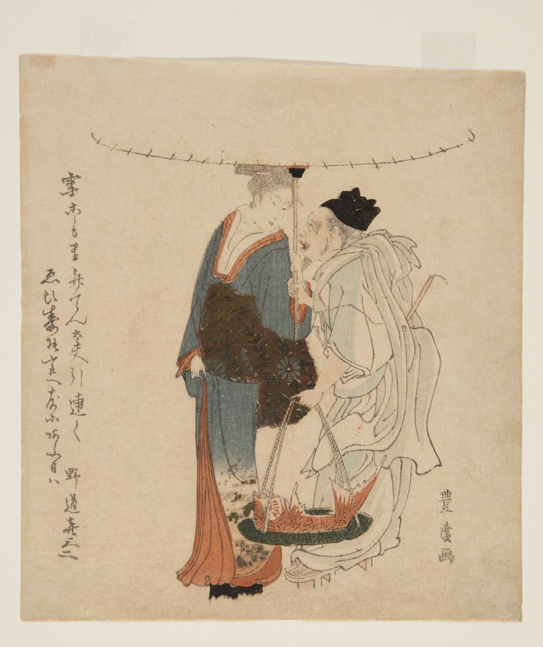 The God Ebisu Walking with a Young Woman in the Snow (farvet træbloktryk) af Utagawa Toyohiro