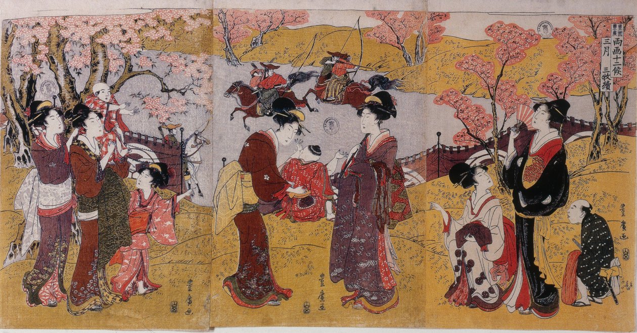 Den tredje måned, Triptykon fra serien Tolv måneder af to kunstnere, 1801 af Utagawa Toyohiro
