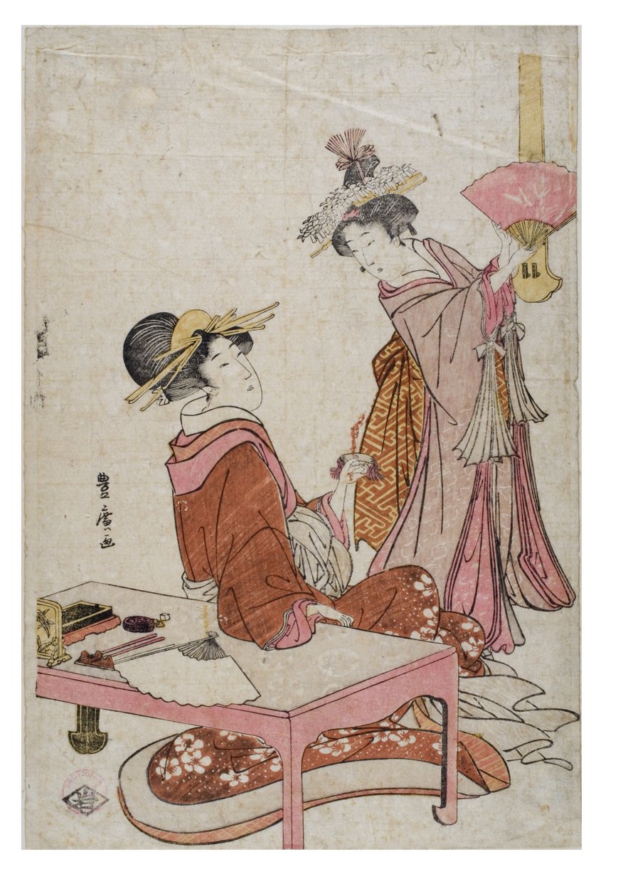 To kvindefigurer med fans af Utagawa Toyohiro