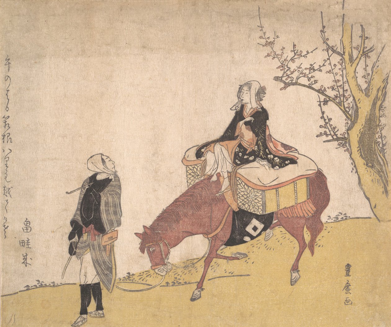 Version af Legend of Michizane: kvinde ridehest, som en mand leder. af Utagawa Toyohiro