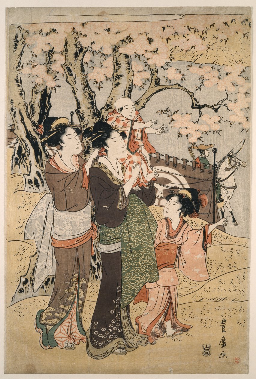 Kvinder og børn ser bueskydning i marts af Utagawa Toyohiro
