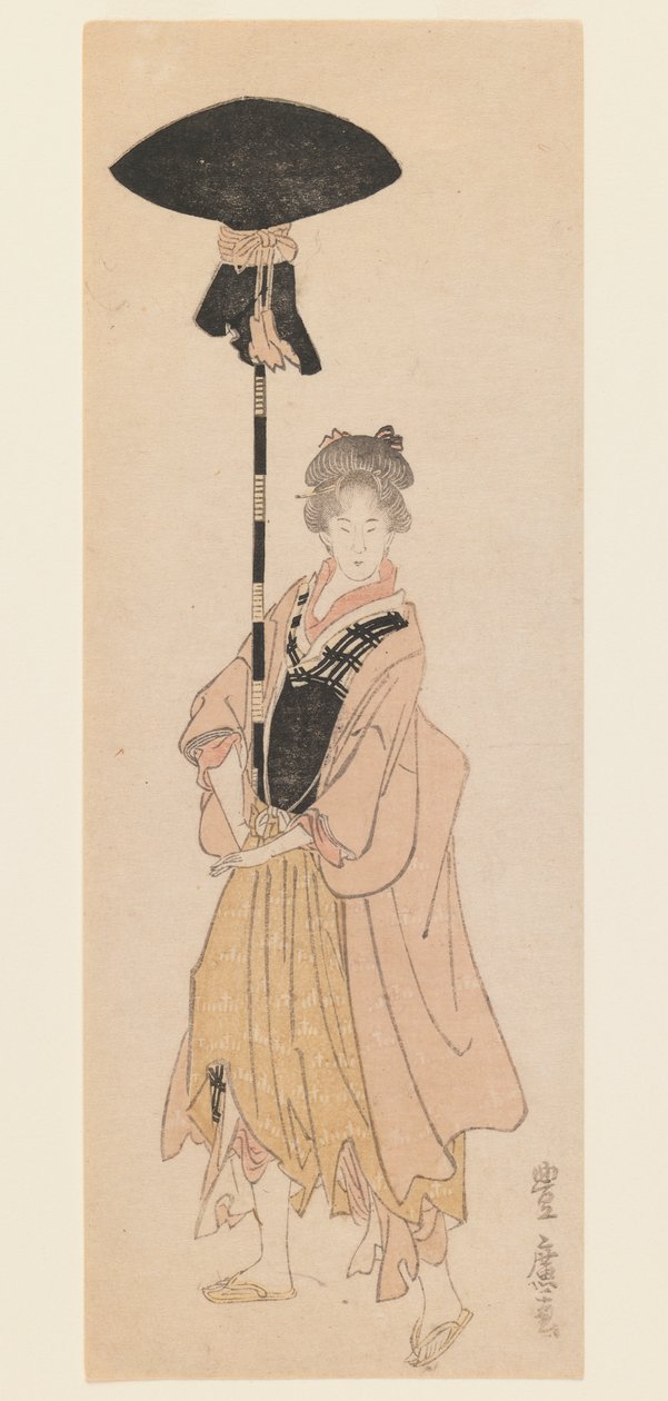Ung kvinde bærer udsmykket stang til et optog, ca. 1805-6 (træbloktryk, smal koban tate-e surimono-stil tryk) af Utagawa Toyohiro