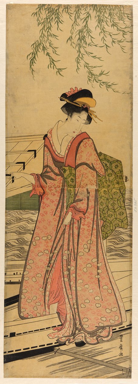 Ung kvinde træder ud af en båd af Utagawa Toyohiro