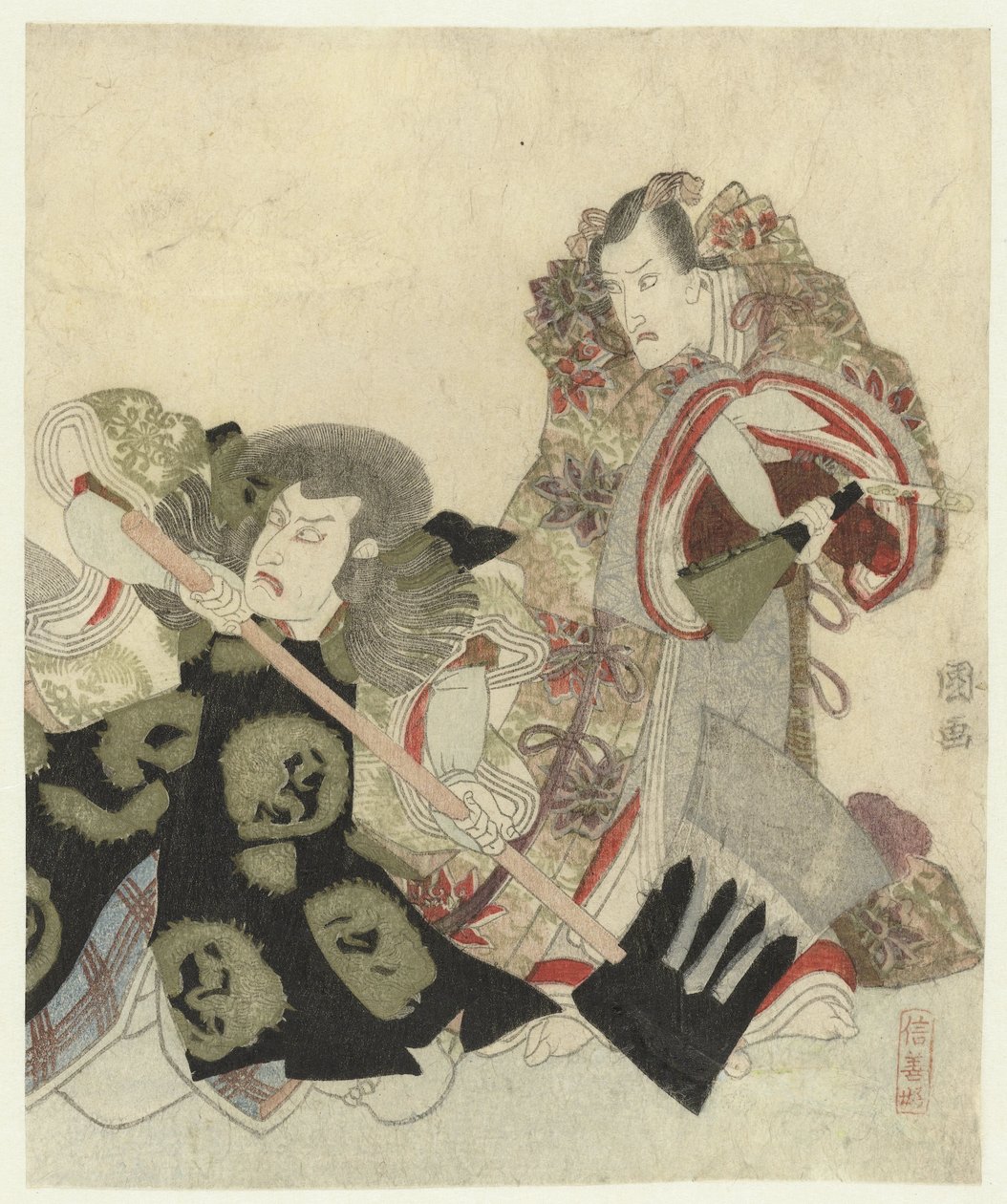 Ichikawa Danjûrô VII som Yoshimune no Munesada med fan og Ichikawa Omezô i rollen som Sekibei med økse af Utagawa Toyokuni (I)