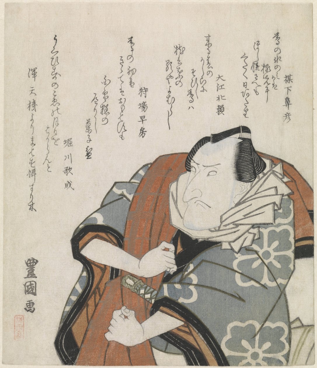 Mand, der bærer en rejseoverfrakke over skulderen af Utagawa Toyokuni (I)
