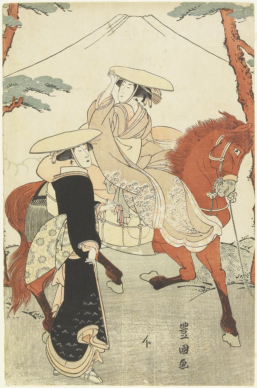 (To kvinder, en gående, en på hesteryg), slutningen af det 18.-begyndelsen af det 19. århundrede af Utagawa Toyokuni