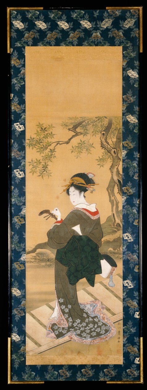 Et portræt i fuld længde af en kvinde, der tuner sin shamisen på en veranda (sumi, gofun & farve på silke); af Utagawa Toyokuni