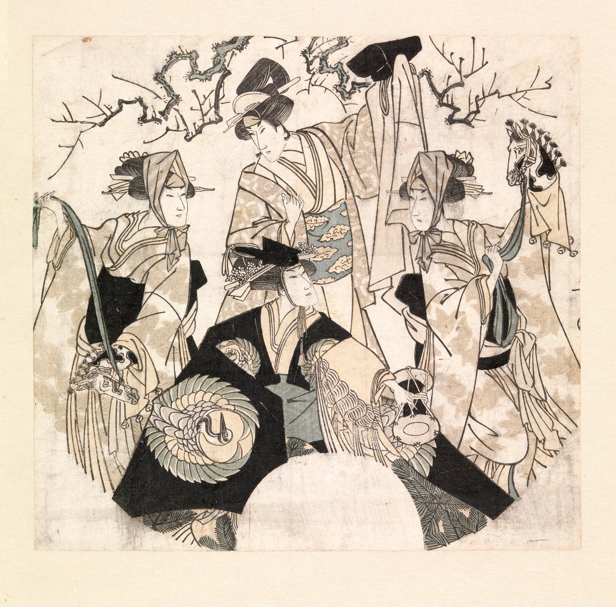 Skuespillere udfører scenedans af de fire Onnagataer, ca. 1800-05 (farvetræssnit) af Utagawa Toyokuni